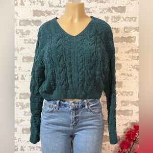 Pink Rose Deep Green Cable Knit V-Neck Sweater